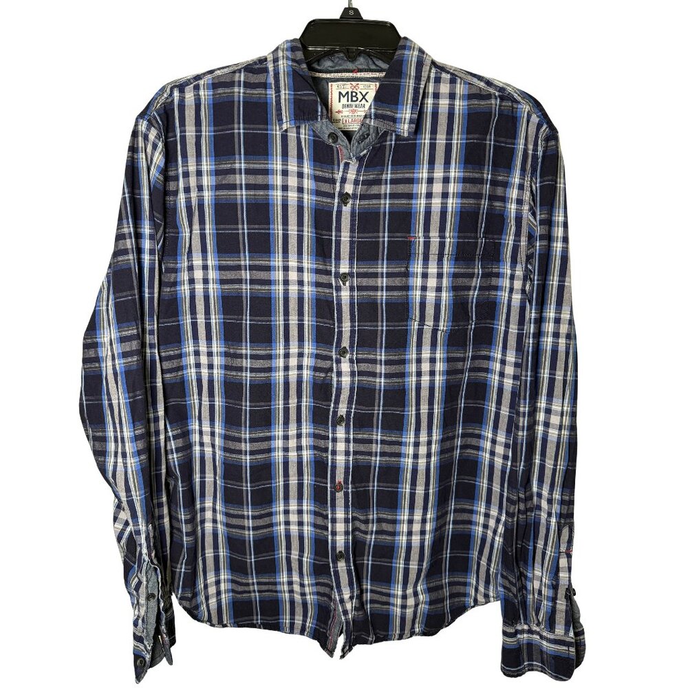 MBX Denim Wear Plaid Button Down Shirt XL Slim Fit Blue 100% Cotton